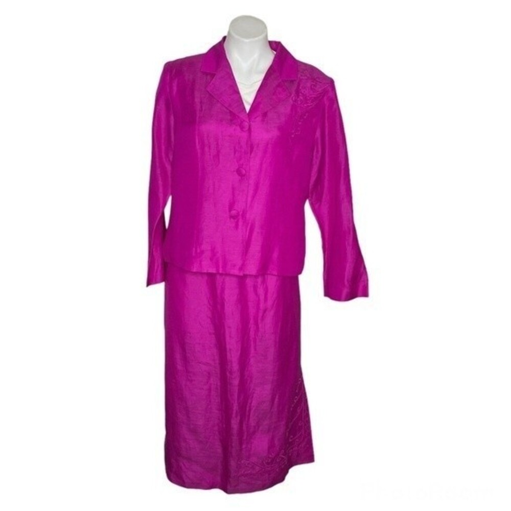 I.S.C. Petite Fuchsia Skirt Suit Silk Linen Embroidered Straight Skirt Size PL